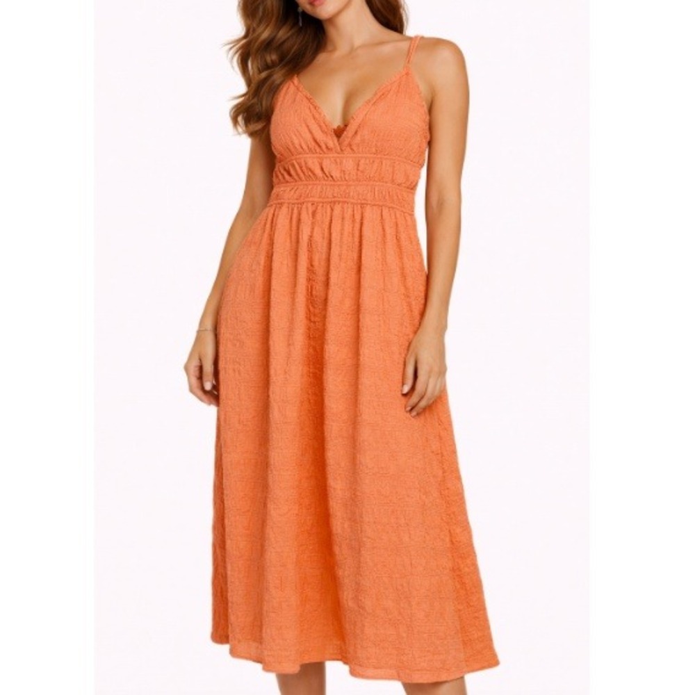 Stitch & Pine Women's Coral Peach Textured‎ Smocked Midi Dress Size M
